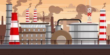 Endüstriyel şehir manzarasının vektör çizimi. Pencereli fabrika binalarının, dumanlı boruların çelik tankların, vinçlerin kaldırıldığı karikatür sahneleri. Atılgan. Çevre kirliliği.
