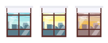 Çizgi film tarzında perdeleri olan pencereler. Şehrin pencerelerinden vektör illüstrasyon görüntüsü: mavi gökyüzü ile sakin bir gün, güneşli bir gün, akşam vakti, beyaz arka planda izole edilmiş modern evler.