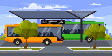 Duraktaki tramvayların vektör çizimi. Otoparkta duran renkli tramvayların karikatür sahnesi şehrin etrafında bir rota çizmeye hazır, zamanı, ağaçları, kaldırımları, bir yolu gösteren bir tabela..