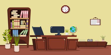 Bir okul sınıfının vektör çizimi, bir öğretmenin masası. Bir masanın karikatür sahnesi, bilgisayarlı sandalyeler, bir küre, bir kitaplık, saksı bitkileri, dijital saati olan bir komodin, bir takvim..