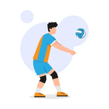 Bir voleybol oyuncusunun topa vuruşunun vektör çizimi. Spor takımı oyunu oynayan yakışıklı bir adamın karikatür sahnesi. Spor şortu ve tişört giymiş, dizlik takmış, beyaz bir arka planda izole edilmiş..