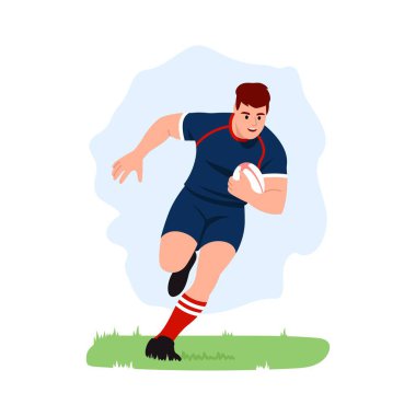 Bir ragbi oyuncusunun vektör çizimi. Çizgi film sahnesinde elinde oval bir topla sahada koşan, spor giyimli, dizlerinin üstünde beyaz bir arka planda soyutlanmış bir adam vardı. Takım oyunu.