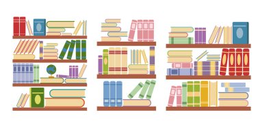 Çizgi film tarzında kitaplarla dolu raflar. Farklı tasarımları, yatay ve dikey pozisyonları olan renkli ambalajlı kitapların vektör illüstrasyonu, beyaz arkaplanda izole edilmiş dünya.