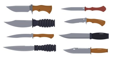 Bir dizi savaş bıçağı, çizgi film tarzında hançerler. Keskin bıçakların vektör çizimi, beyaz arka planda izole edilmiş çeşitli şekiller. Eski bir askeri ve avcı silahı..