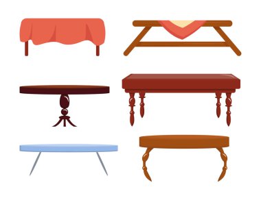 Çizgi film tarzında güzel masalar. Tahta tabloların vektör illüstrasyonu: yuvarlak ve dikdörtgen, beyaz zemin üzerinde izole edilmiş farklı odalar için masa örtüleri. Dergi, ofis, ev masaları.