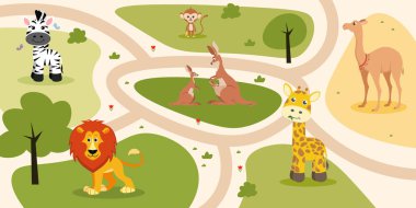 Hayvanlarla dolu güzel bir hayvanat bahçesi haritasının vektör çizimi. Çeşitli şirin hayvanların yer aldığı karikatür sahneleri: zebra, aslan, maymun, kanguru, deve, zürafa, yeşil ağaçlar, çalılar, kelebekler, çiçekler, yollar..