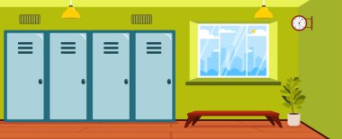 Okul spor soyunma odasının vektör çizimi. Bir şeyler depolamak için dolapları olan bir soyunma odası, bir bank, bir saksı, bir saat, lambalar ve güzel manzaralı bir pencere..
