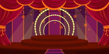 Güzel bir konser sahnesinin temsili. Yüzüklerin, merdivenlerin, turuncu perdelerin ve ışık huzmelerinin olduğu yuvarlak bir sahnenin karikatür sahnesi. Sahne podyumu. Yıldız performansı..