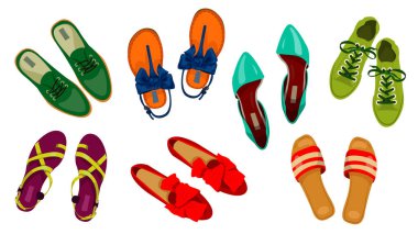 Set, çizgi film tarzında renkli ayakkabıların üst görünümü. Tasarımlı farklı ayakkabı türlerinin vektör çizimi: Bağcıklı spor ayakkabıları, kayışlı sandaletler, yaylar, terlikler, beyaz arkaplanda izole edilmiş topuklar.