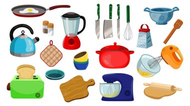 Çizgi film tarzında mutfak ekipmanları. Vektör illüstrasyonu: kızartma tavası, demlik, kazan, kesme tahtası, mutfak makinesi, karıştırıcı, tost makinesi, rende, merdane, bardak, bıçak, çırpma, maşa, mutfak tartısı.