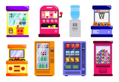 Çizgi film tarzında kumar makineleri. Oyuncakları, topları ve yiyecekleri beyaz arka planda izole edilmiş su olan farklı renkli kumar ve otomatların vektör çizimi.