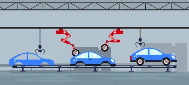 Otomatik makine üretim hattının vektör çizimi. Makinenin, makineye elementler ekleyen endüstriyel bir robotla adım adım montajının karikatür sahnesi: ışıklar ve tekerlekler.