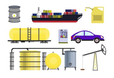 Çizgi film tarzında bir dizi petrol endüstrisi elemanı. Farklı yağ elementlerinin vektör çizimi: yağ varili, kargo gemisi, benzin bidonu, vagon, benzinle doldurma, beyaz arka planda izole edilmiş petrol fabrikası.