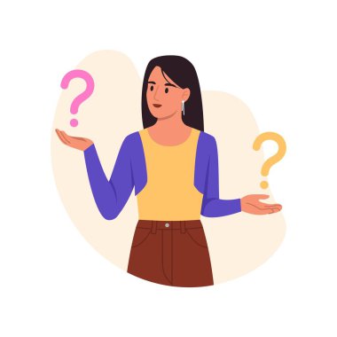 Seçimle karşı karşıya olan bir kızın vektör çizimi. Karikatür sahnesinde iki soru işareti, tişört, etek, küpe, siyah saçlı, beyaz bir arka planda izole edilmiş bir kız..