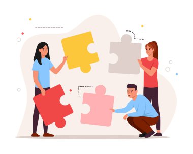 Bulmacalı bir iş ekibinin vektör illüstrasyon konsepti. Beyaz arka planda izole edilmiş bulmacaları birleştiren kız ve erkeğin renkli bulmacaları olduğu bir çizgi film sahnesi. İş ortaklığı.