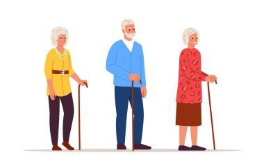 Son sınıf öğrencilerinin vektör çizimi. Gri saçlı, bastonlu, kemerli, pantolonlu, mavi hırkalı ve pantolonlu, leopar desenli ceketli yaşlı bir adam ve kadının olduğu karikatür sahnesi..