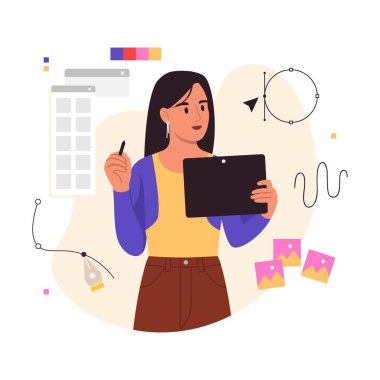 Grafik tasarımcı kızın vektör illüstrasyonu. Tablet ve stil taşıyan bir kızın karikatür sahnesi, grafik editörü, kalem, çember, imleç, renk paleti, sekme.