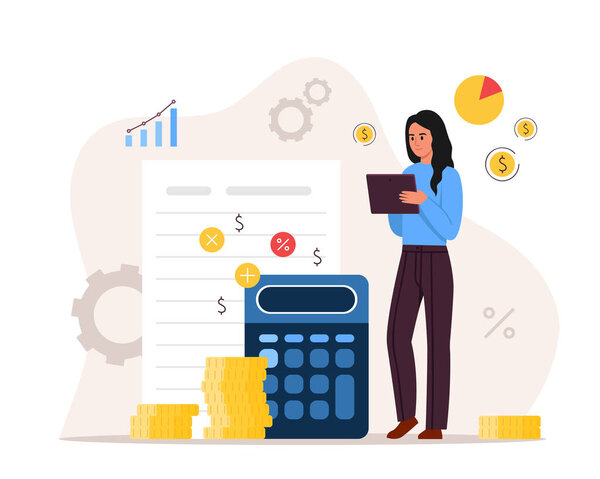 Векторная иллюстрация расчета прибыли. Мультфильм сцены девушки с планшетом подсчета прибыли, стопка золотых монет, калькулятор, диаграмма, график, лист ноутбука изолированы на белом фоне.