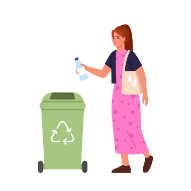 Çevreyi önemseyen bir kızın vektör çizimi. Ekolojik alışveriş torbası olan bir kızın, beyaz bir arka planda izole edilmiş geri dönüşüm için yeşil bir kutuya plastik bir şişe attığı karikatür sahnesi..