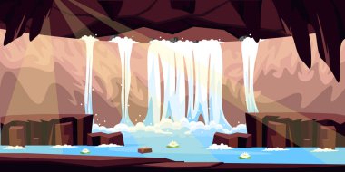 Şelaleli güzel bir mağaranın vektör çizimi. Kayaların, kayalıkların, taşların, şelalenin, nilüferlerin, yuvarlak yaprakların, güneş ışınlarının olduğu bir nehir manzarası. Yeraltı şelalesi.