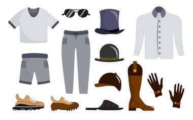 Çizgi film tarzında bir takım elbiseler. Spor kıyafetlerinin temsili: tişörtler, şort, pantolon, gömlek, kovboy çizmeleri, koşu ayakkabıları, futbol, eldiven, şapka, jokey şapkası, gözlük.
