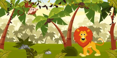 Vector illustration of a beautiful jungle landscape. Cartoon jungle scene with cute animals, a lion and a monkey hanging on a vine, palm trees with coconuts, stones with tropical leaves, bushes. clipart