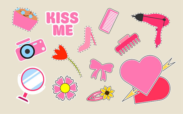 Set of girly stickers in cartoon style. Vector illustration of girly things: cake, hairdryer, kiss me inscription,comb,camera,heels,crab,mirror,tulip,bow,barrette,hearts isolated on beige background.