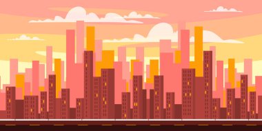 Sarı ayçiçekleri olan güzel bir manzaranın vektör çizimi. Çizgi film sahnesi: Büyük çiçekli yaz manzarası, yeşil yapraklar, açık çitler, beyaz bulutlu mavi gökyüzü..