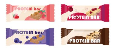 Renkli ambalajlarda, çizgi film tarzında bir dizi güzel protein çubuğu. Çeşitli aromalı protein barlarının vektör çizimi: çilek, kızılcık, yabanmersini, beyaz arka planda izole edilmiş çikolata.