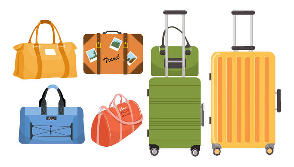 Набор красивых платьев в стиле мультфильма. Векторная иллюстрация различных типов, форм багажа: сумки, чемоданы, с наклейками, перемещение надписи, ремни изолированы на белом фоне.