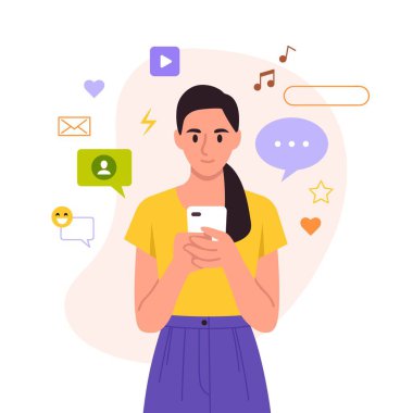 Akıllı telefon tutan bir kızın vektör çizimi. Müzik, mesajlar, videolar, sosyal ağlar beyaz bir arkaplanda izole edilmiş..