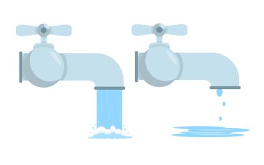 Çizgi film tarzında su muslukları. Farklı su akışına sahip muslukların vektör illüstrasyonu: güçlü akış ve damlayan damlalar beyaz zemin üzerine damlıyor. Su tedariği için boru sistemi.