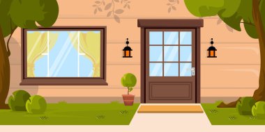 Ev cephesinin vektör çizimi. Kapısı olan bir evin, perdeleri olan bir pencerenin, bir saksının, fenerlerin, ağaçların, çalıların, bitkilerin siluetlerinin olduğu güzel bir karikatür sahnesi..
