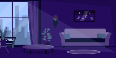 Gece bir odanın içini gösteren vektör çizimi. Kanepeli bir odanın karikatür sahnesi, duvarında bir resim, masa, saksı, kitaplık, lamba, perdeli bir pencere, şehir manzarası..