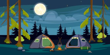 Güzel bir gece ormanı manzarasının vektör çizimi. Turist çadırları, kazanı olan bir ateş, yakacak odunlu bir balta, çam ağaçları, Noel ağaçları, çalılar, yıldızlı bir gökyüzü, büyük bir ay..