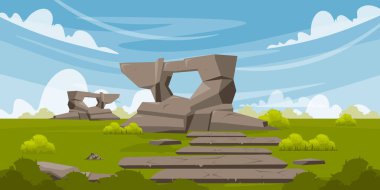 Kayalık arazinin vektör çizimi. Çok güzel büyük taş kayaları olan bir ovanın karikatür sahnesi, çeşitli şekil ve boyutlarda kayalar, taş fayanslar, çalılar, beyaz bulutlu gökyüzü. Dağ kayaları.