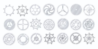 Çizgi film tarzında modern vitesler. Güzel dişlilerin vektör çizimi, mekanizmaların ayrıntıları, beyaz arka planda izole edilmiş farklı şekil ve boyutlardaki makineler. Döner hareketi iletir.