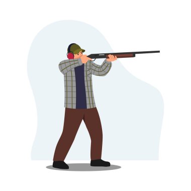 Atış poligonunun vektör çizimi. Silah tutan, kulaklık takan, kep takan, kareli gömlek, pantolon ve beyaz arka planda izole edilmiş ayakkabılar taşıyan bir adamın karikatür sahnesi. Spor atıcılığı.
