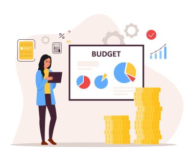 Bütçe analizinin vektör çizimi. Kâr hesaplayan bir kızın karikatür sahnesi, elinde tablet, çizelge, grafik, hesap makinesi, yapılacaklar listesi, beyaz arka planda izole edilmiş bir yığın bozuk para..