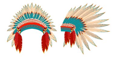 Çizgi film tarzında bir grup sevimli kızılderili hamamböceği. Beyaz arka planda izole edilmiş tüylü, desenli, boncuklu geleneksel Hint kabile reisi başlıklarının vektör çizimi. Yan görünüm, ön görünüm.