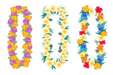 Çizgi film tarzında güzel tropikal çiçek kolyeleri. Plumeria 'nın geleneksel parlak kolyelerinin vektör çizimi, amber çiçeği, beyaz arka planda izole edilmiş yeşil yapraklar. Hawaii mücevherleri..