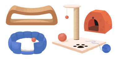 Oyun kompleksleri, çizgi film tarzında evcil hayvanlar için evler. Çeşitli kazı kazan direklerinin vektör çizimi, top dolu ev, beyaz arka planda izole edilmiş favori hayvanlar için iplik yumağı..