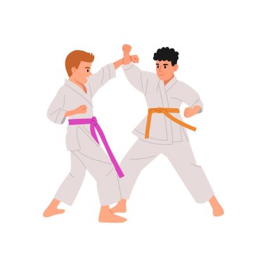 Tekvando dövüşçülerinin vektör çizimi. Çocuk tekvando dövüşü sahnesi, kimono giymiş, beyaz arka planda mor ve turuncu kemerler. Güney Kore 'de ulusal spor.