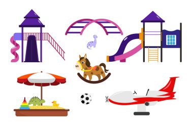 Çizgi film tarzında oyun alanı ekipmanları. Çocukların oyun kompleksleri, slaytlı evler, bir tüp, oyuncaklı bir kum havuzu, bir top, beyaz arka planda izole edilmiş bir uçak..