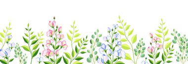 Güzel bir çiçek yatay arka planının vektör çizimi. Çizgi film sahnesi botanik arka planı narin mavi ve pembe çiçekler, tomurcuklar ve ince dallar beyaz arka planda izole edilmiş..