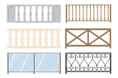 Çizgi film tarzı balkonlar, çitler, balkonlar. Farklı şekillerde balyaların, tahta çitlerin, işlenmiş demir korkulukların beyaz arka planda izole edilmiş taş balyaların vektör çizimi.