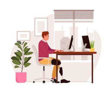 Ofiste çalışan yapay bacaklı bir adamın vektör çizimi. Bilgisayarlı, saksılı, pencereli ve duvarında posterleri olan yapay bacaklı bir adamın çizgi film sahnesi..