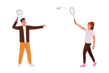 Badminton oyununun vektör çizimi. Badminton spor oyununun beyaz arka planda izole edilmiş karikatür sahnesi. Erkek ve kız raketler ve pipi ile oynuyorlar. Aktif boş zaman. Fiziksel aktivite.