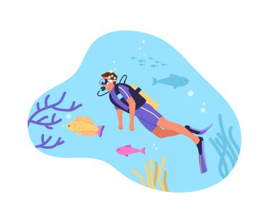 Özel ekipmanlı bir dalgıcın vektör çizimi. Tüplü dalış, gözlük, palet, mavi su, algler, balıklar ve baloncuklarla yüzen bir dalgıcın karikatür sahnesi beyaz arka planda izole edilmiş..