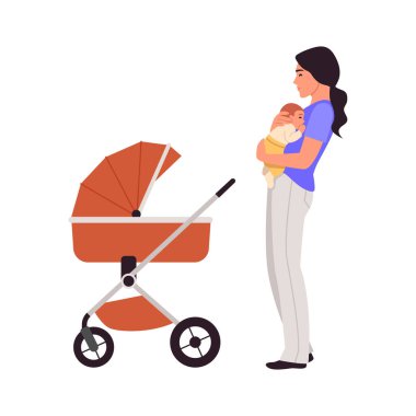 Küçük bir bebeği olan güzel bir annenin vektör çizimi. Genç bir annenin kucağında bir bebek arabasıyla beyaz arka planda izole edilmiş olduğu bir karikatür sahnesi. Mutlu annelikler. Ebeveynlik.